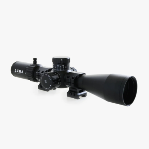 AKRA GENESIS X 5-20x50 FFP MRAD hunting riflescope angled view with 34mm rings mounted.