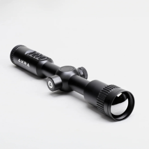 Front isometric view of the AKRA VISION X 3–9x35mm thermal riflescope showing the objective lens, top keypad controls, and body tube.