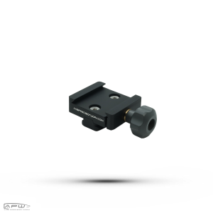 Top-down view of the black APW ARCA clamp with tightening knob and mounting screw slots for Atlas bipods.
