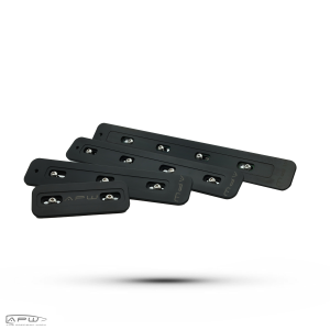 Stacked group view of APW ARCA rails in various lengths showing mounting hardware slots and black anodized finish.