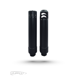 Side-by-side view of the APW Black Bird silencer showing the Integrated Tuner model on the left and the Standard Muzzle Brake model on the right.
