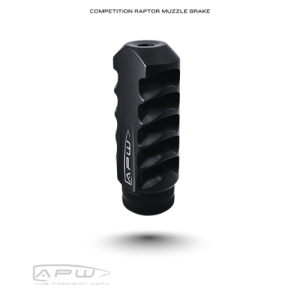 APW Competition Raptor Muzzle Brake in matte black showing top blast ports and self-timing system