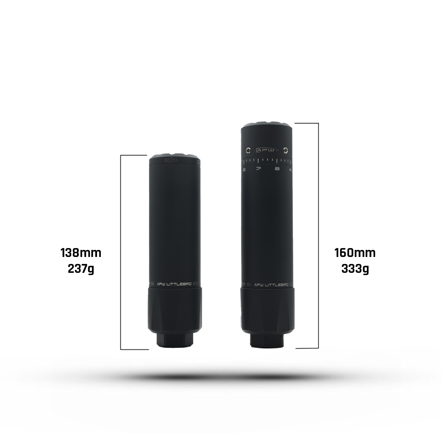 Dimension diagram of the APW Littlebird Rimfire Silencer comparing the Standard 138mm version to the Tuner 160mm version.