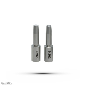 Pair of APW precision expander mandrels standing upright showing engraved caliber sizes 0.263 and 0.262 on a white background