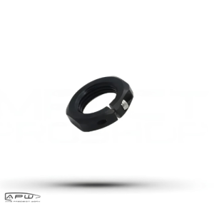 Black APW precision reloading die locking ring featuring a split-clamp design with socket cap screw on a plain white background