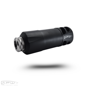 APW PRS Warbird competition suppressor shown from the rear, featuring the stainless steel lockable self-timing nut and black anodized body.