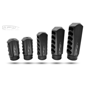 Axis Precision Worx Raptor Muzzle Brake full lineup showing 3-port, 4-port, 5-port, and Monster models in black finish