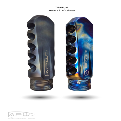 APW Titanium Raptor Muzzle Brake side-by-side comparison showing Satin matte and heat-flamed Polished finishes