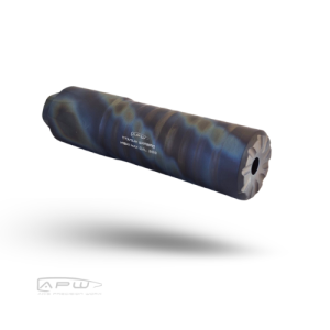 APW Titanium Warbird silencer featuring a flamed titanium finish, front cap detail, and laser-etched markings on a white studio background.