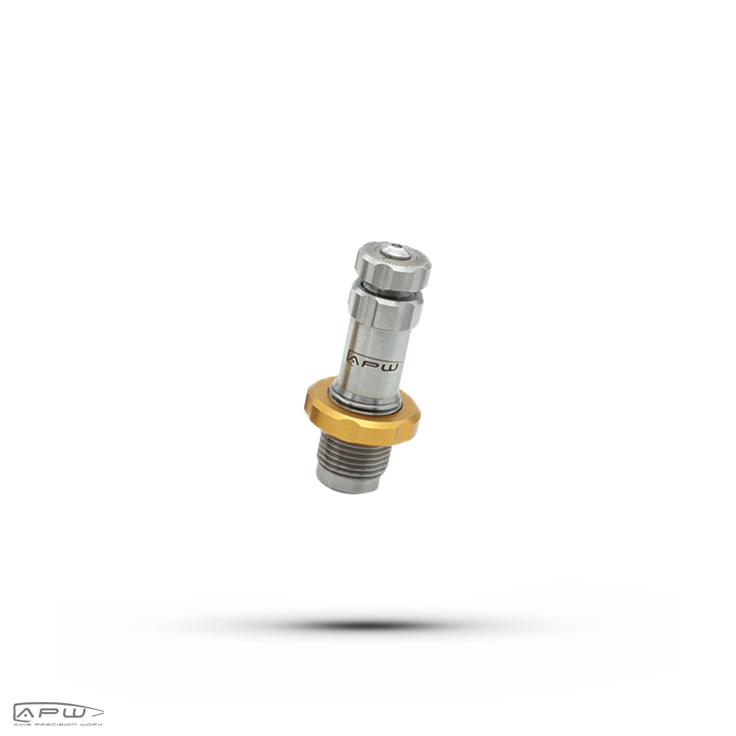APW Universal Mandrel Body Die standing upright with integrated gold lock ring on a plain white background