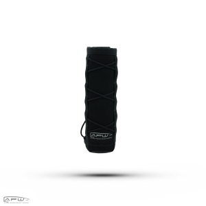 APW Warbird heat-resistant silencer mirage cover in solid black heavy-grain canvas with adjustable elastic retention cord.