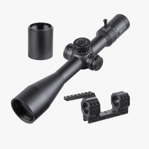 AKRA ORYX 6–36x56 FFP MRAD scope displayed alongside included sunshade and 34mm Picatinny mounting rings.