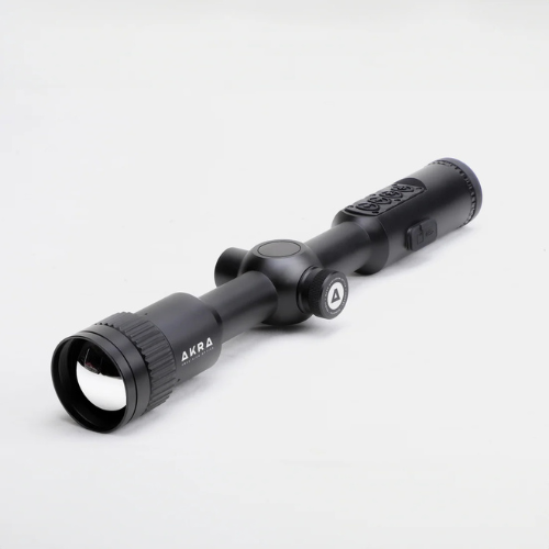 Angled side view of the AKRA VISION X 3–9x35 thermal scope displaying integrated digital keypad buttons and weather-sealed housing.