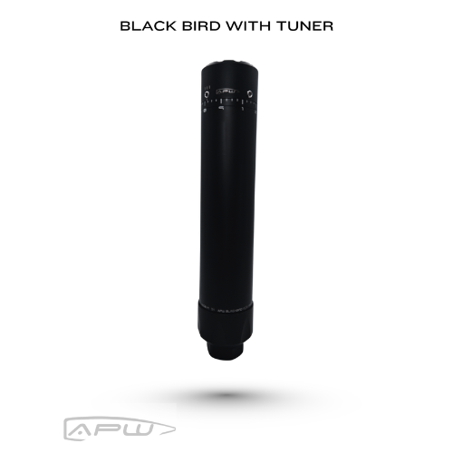Upright view of the APW Black Bird silencer with integrated stainless steel tuner showing laser-etched harmonic adjustment numbers.