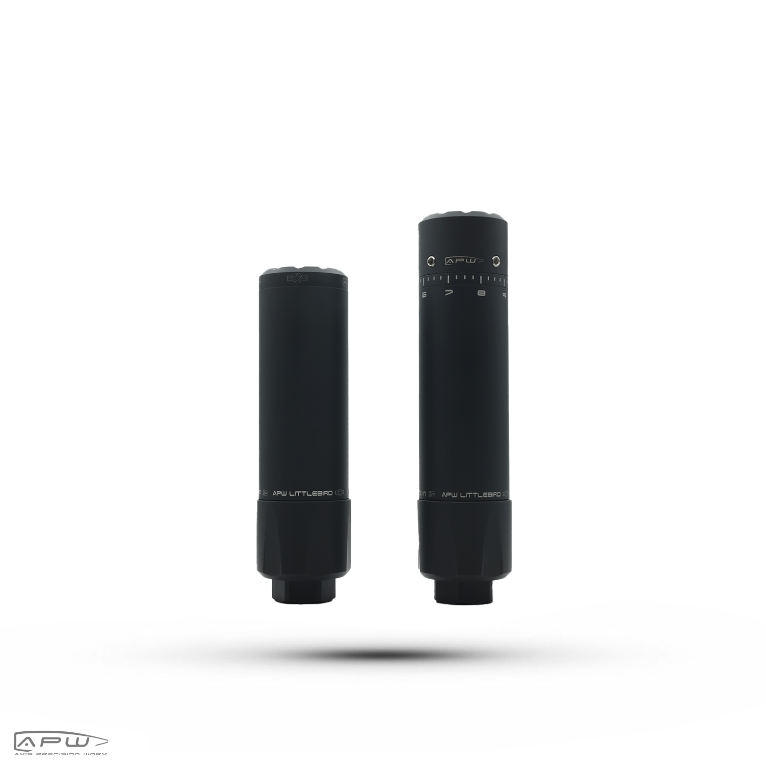 Upright side-by-side view of the APW Littlebird Standard and Tuner rimfire silencers in matte black.