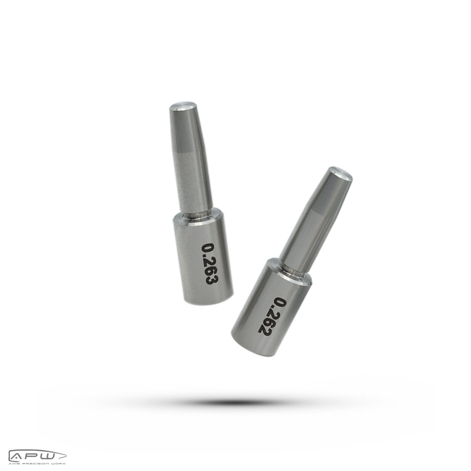Angled view of two APW stainless steel reloading expander mandrels laser engraved with 0.263 and 0.262 neck tension dimensions