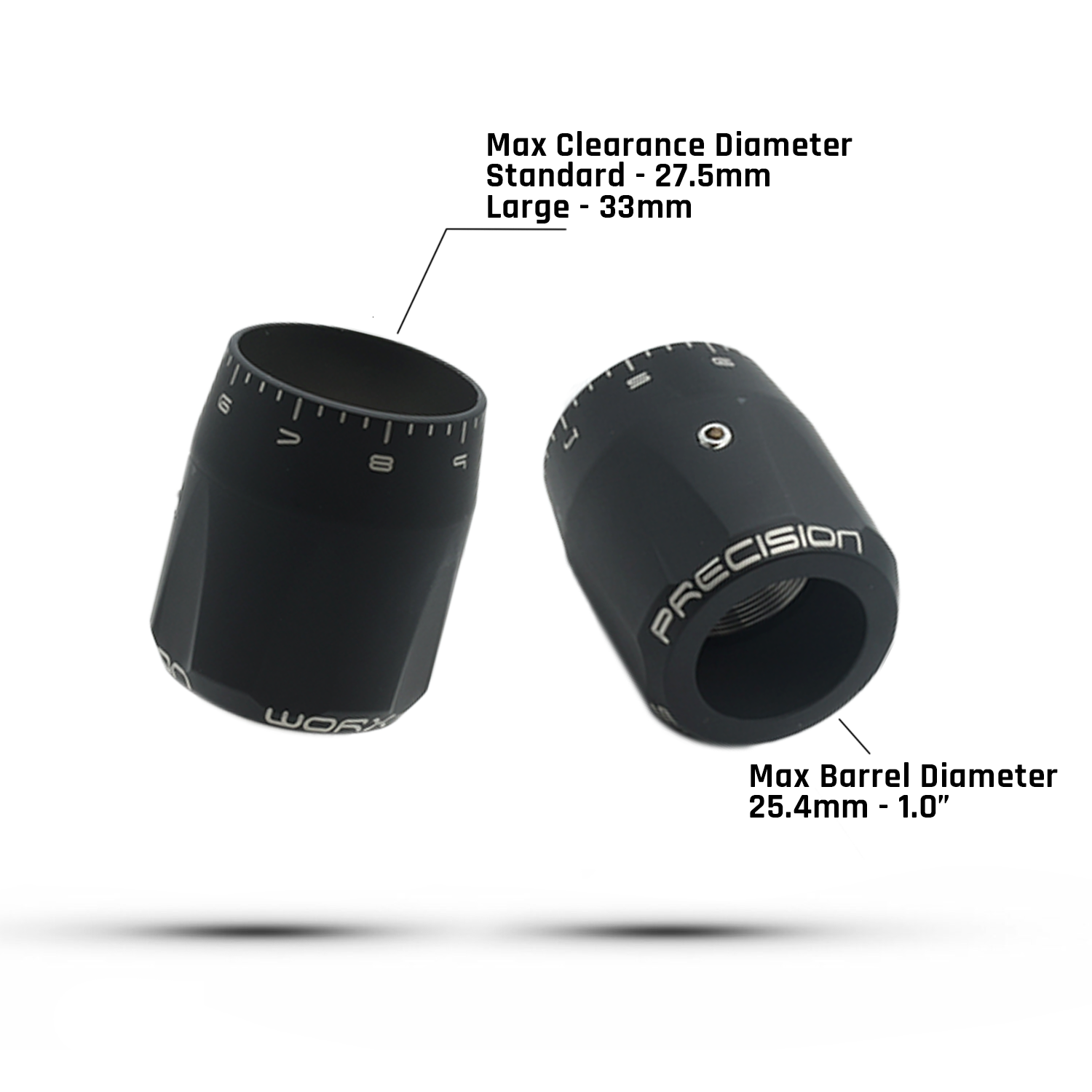 Technical specification chart showing clearance diameter and maximum barrel diameter for APW Raptor Tuners