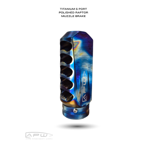 Heat-flamed polished titanium APW 5-Port Raptor Muzzle Brake with self-timing lock nut for hunting rifles