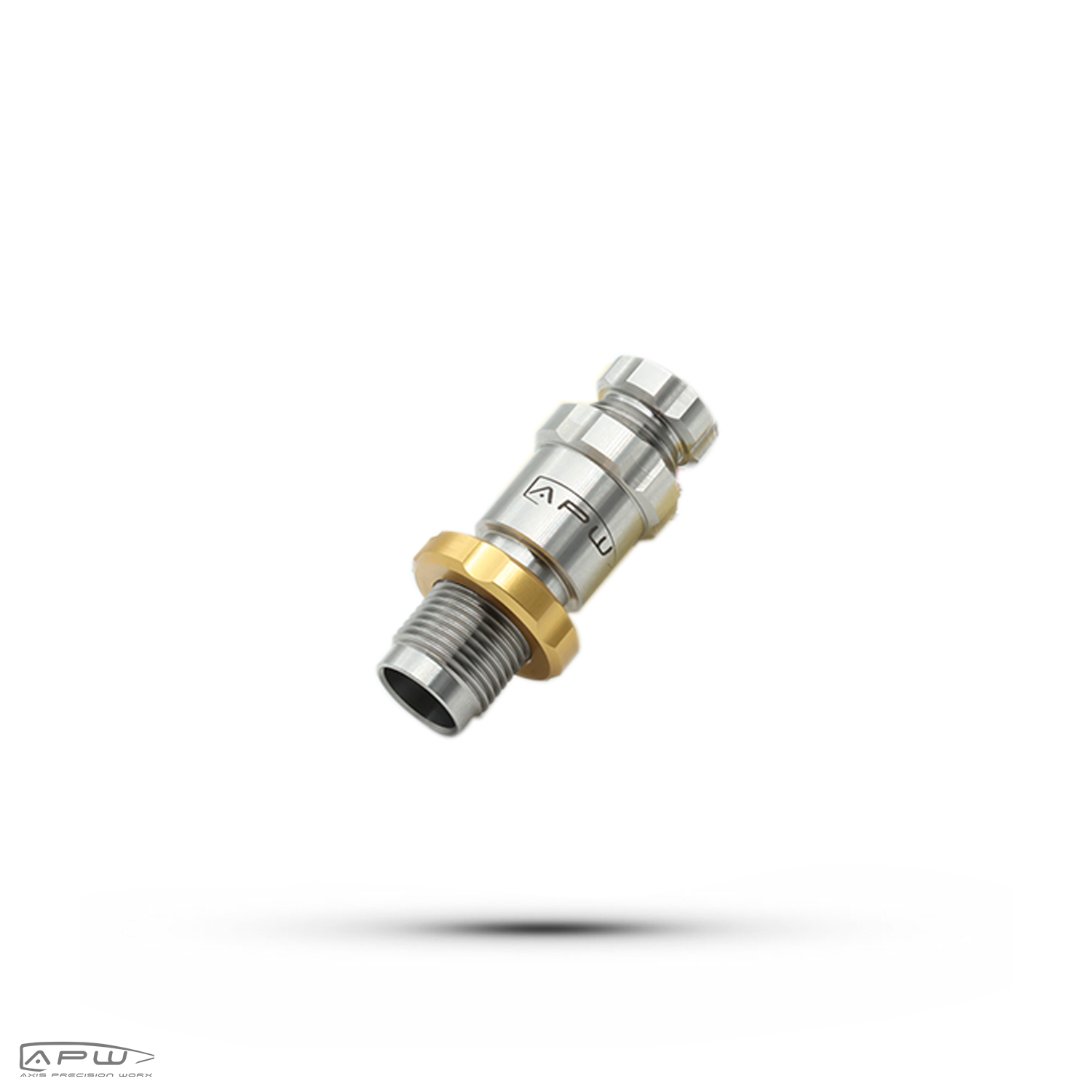 Angled close-up view of the APW stainless steel universal expander mandrel die body showing 7/8-14 threading and gold anodized lock ring