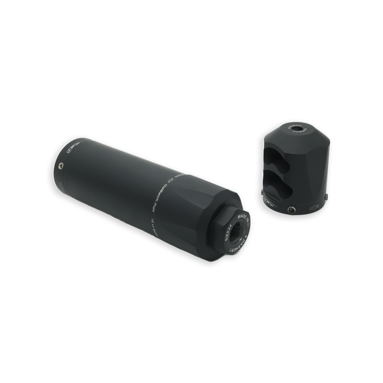 APW Warbird modular suppressor body with detached muzzle brake end cap and threaded barrel mount
