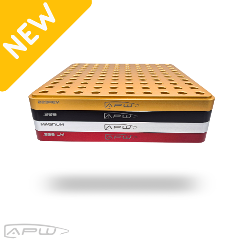Front view of stacked APW reloading trays showing caliber labels for 223 Rem 308 Magnum and 338 LM