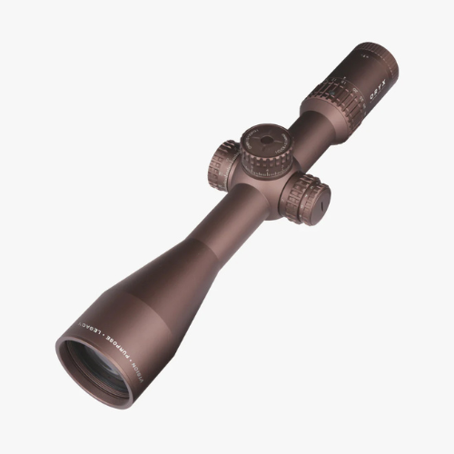 Three-quarter angled view of the AKRA ORYX 6-36x56 FFP MRAD precision riflescope in bronze finish.