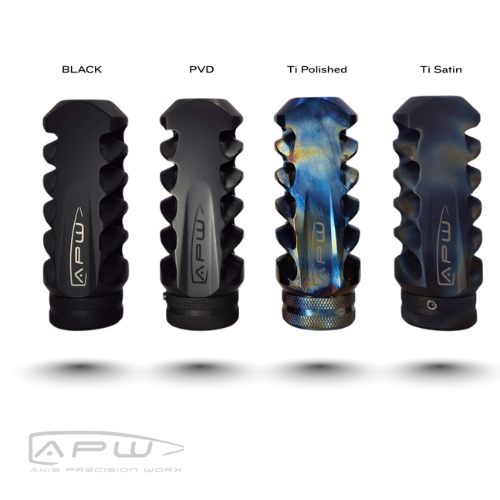 APW Competition Raptor Muzzle Brake finish options showing Black Cerakote, PVD, Ti Polished, and Ti Satin