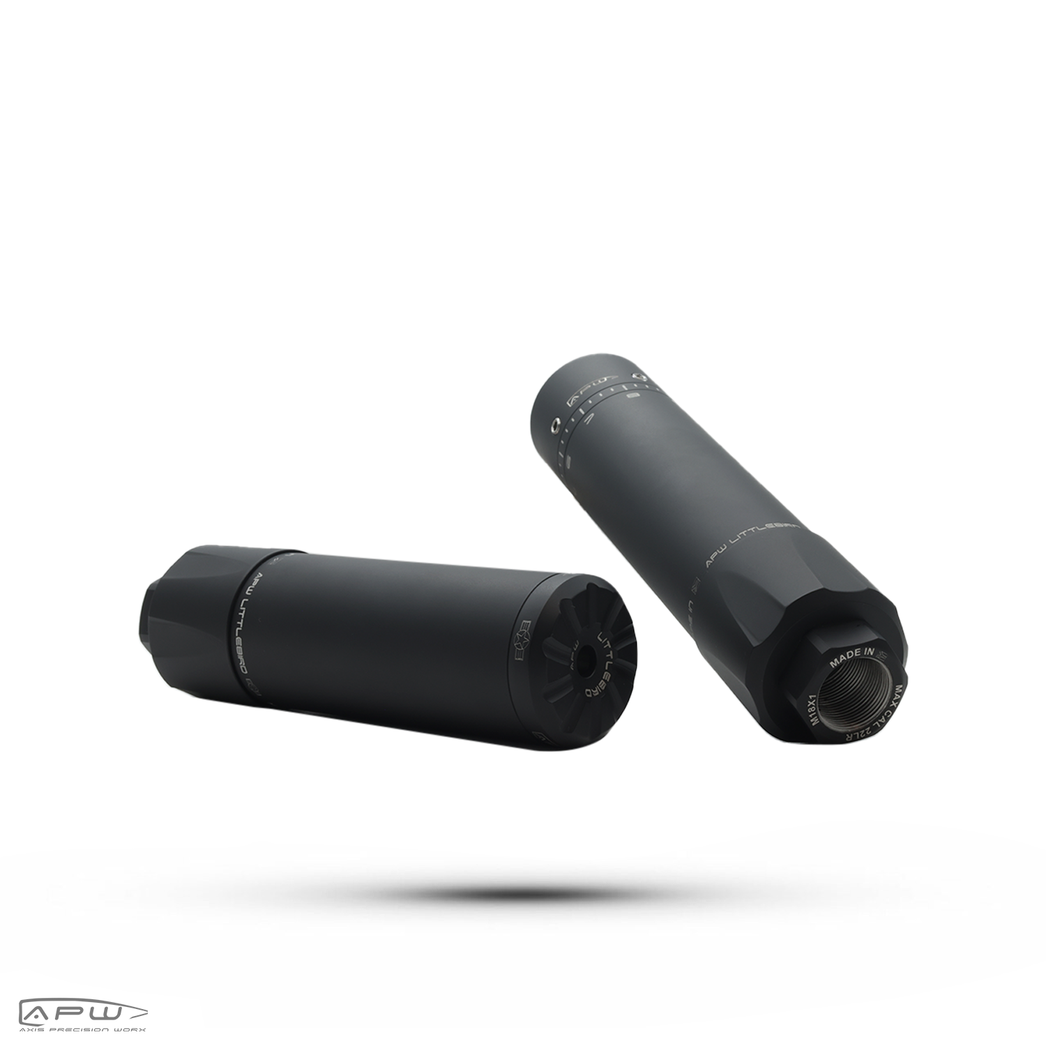 Angled perspective of APW Littlebird silencers showing the threaded barrel mount and front end cap.