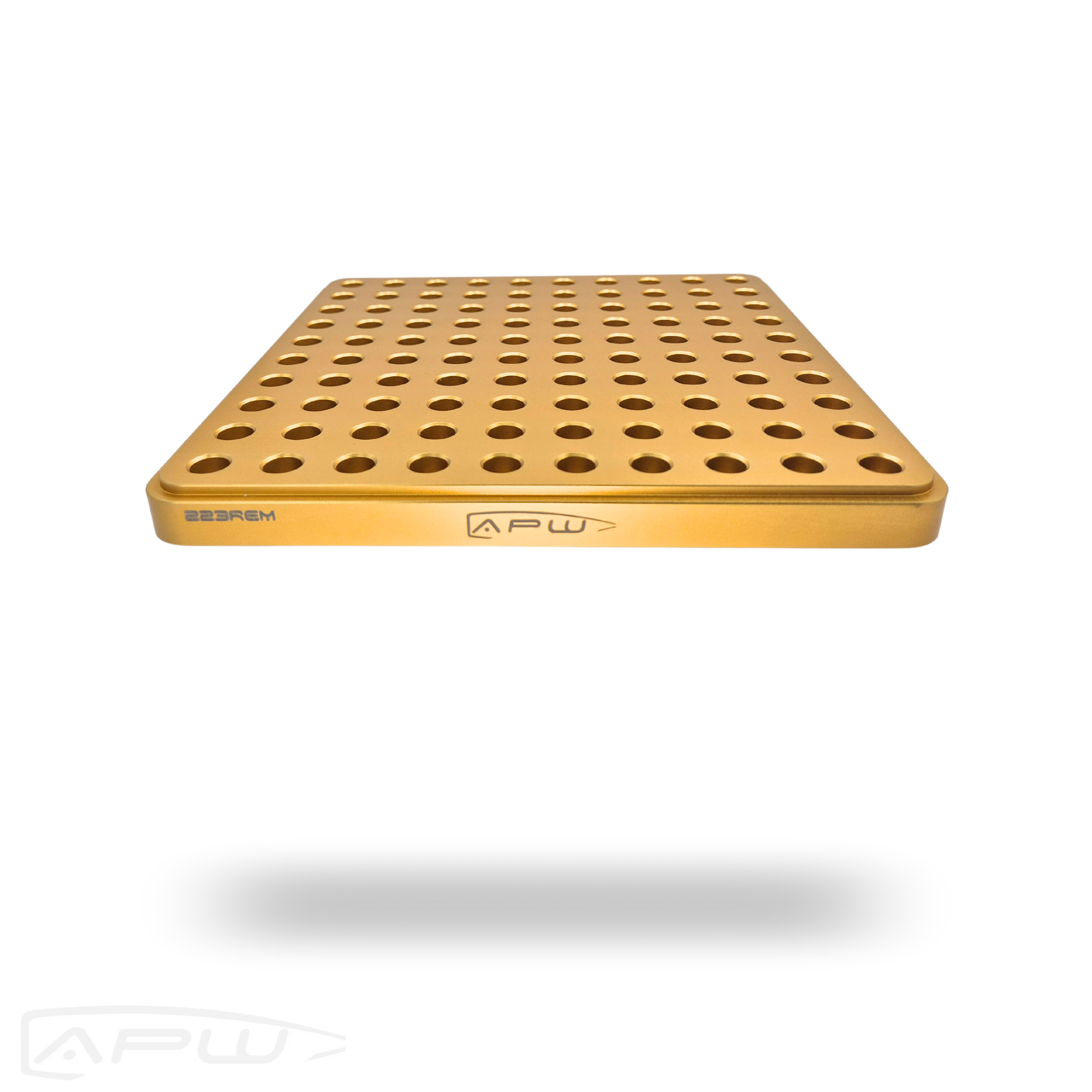 Gold anodized APW 100-slot stackable reloading block for .223 Remington