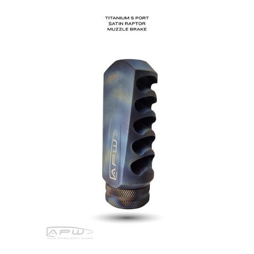 Matte Satin finish APW 5-Port Titanium Raptor Muzzle Brake designed for ultra-lightweight recoil control