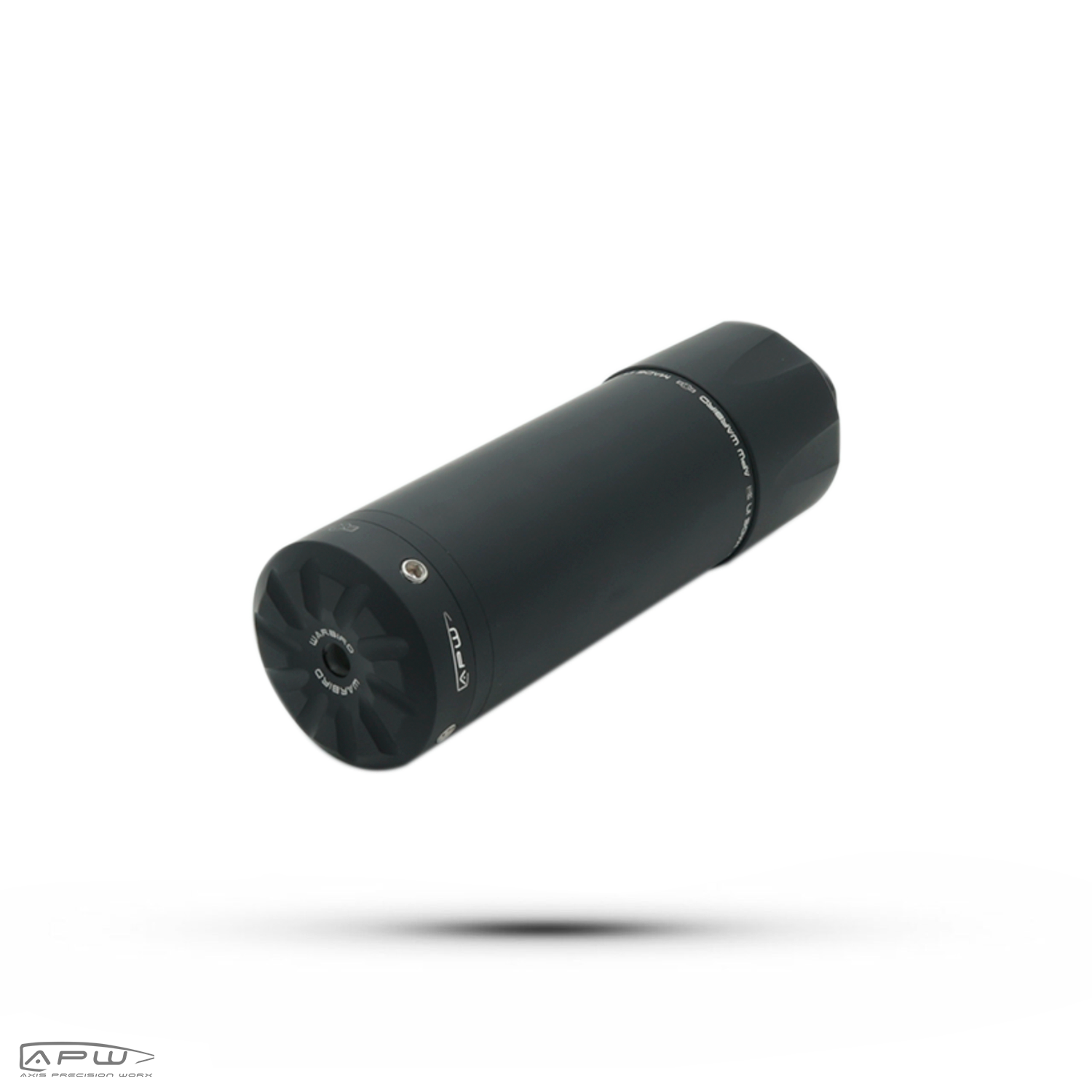 Front perspective view of the black APW Warbird silencer with standard sound reduction end cap