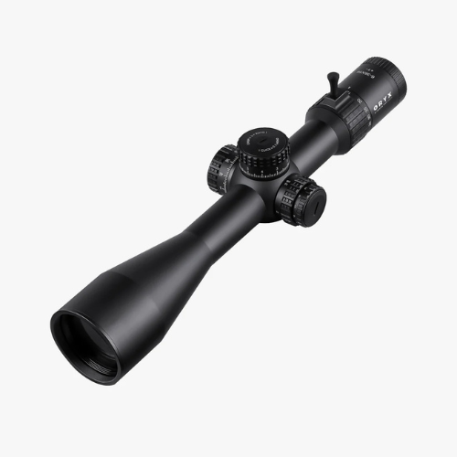 Three-quarter angled view of the black AKRA ORYX 6-36x56 FFP MRAD scope showing turrets and throw lever.