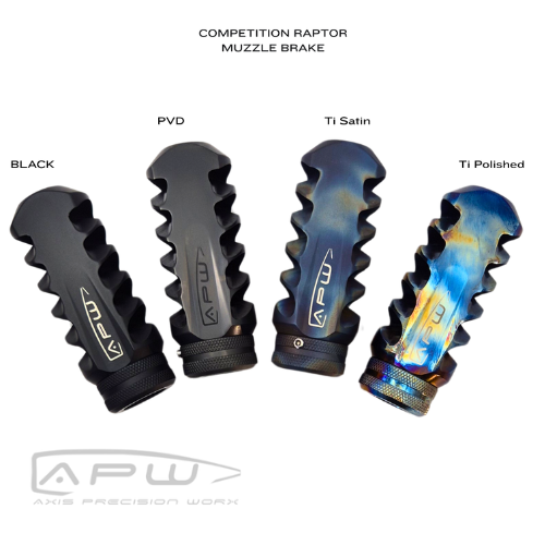 Angled view of APW Competition Raptor Muzzle Brakes in Black, PVD, Heat Flamed Titanium Polished, and Titanium Satin