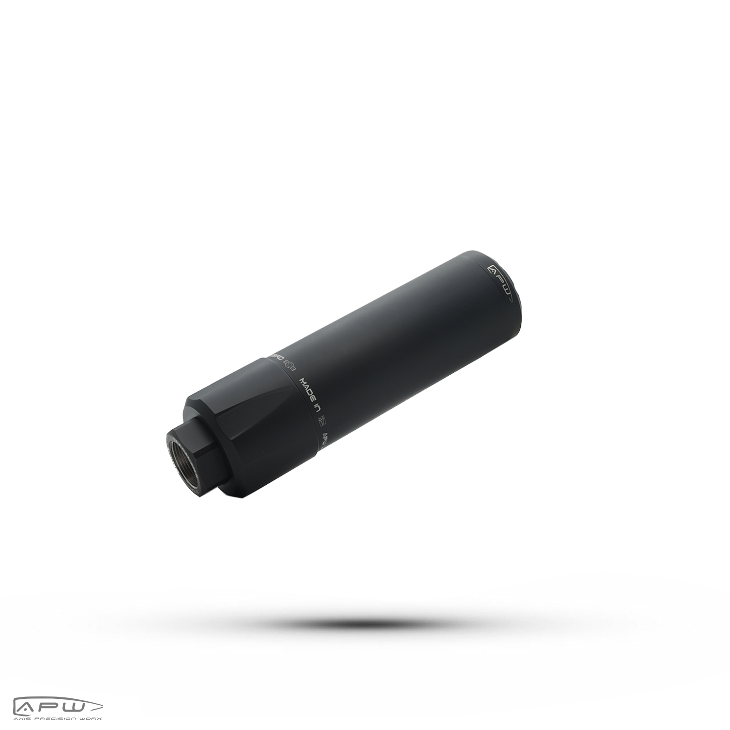 Three-quarter view of the compact APW Littlebird Standard .22LR rimfire silencer.