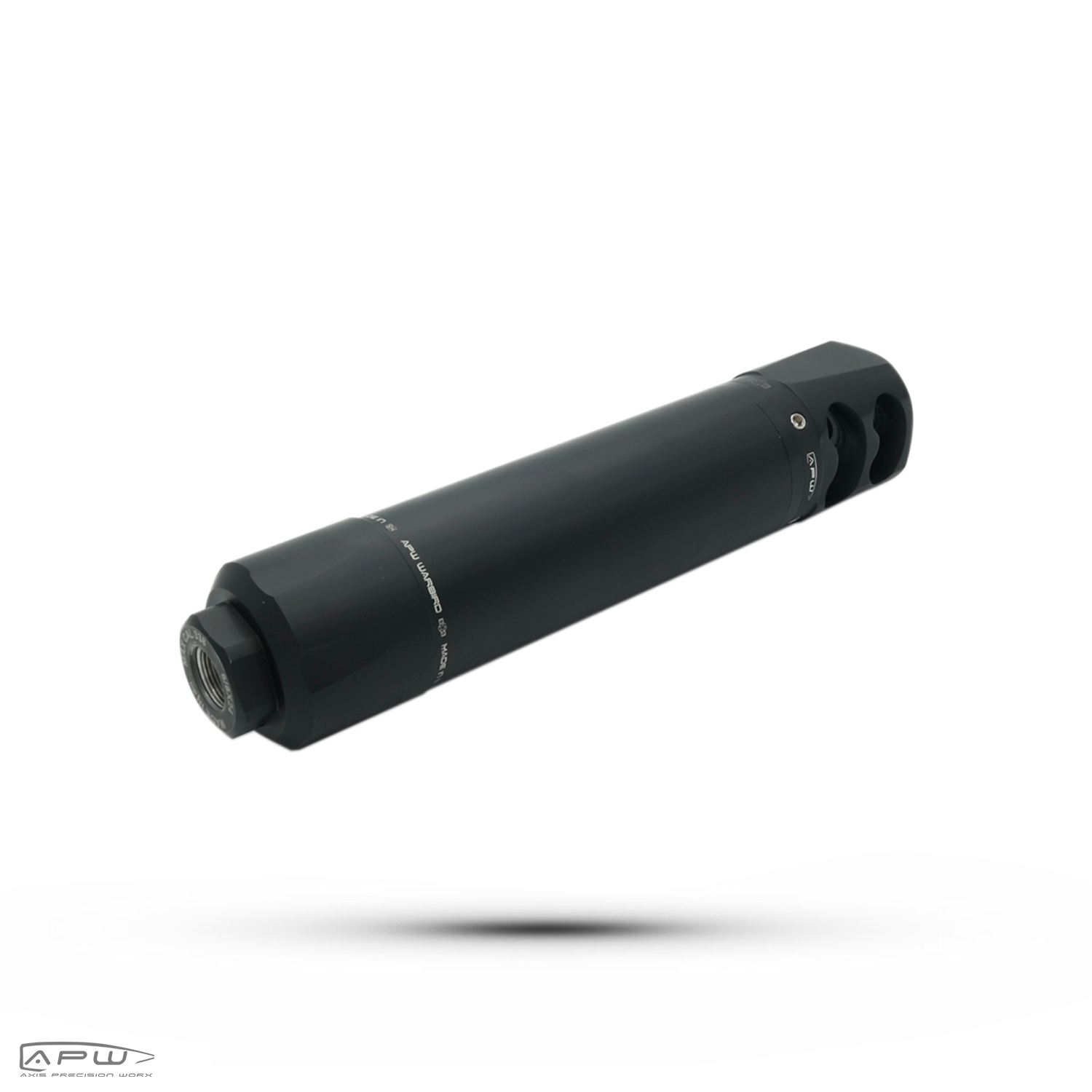 APW Warbird Hunter silencer showing 5/8x24 threaded barrel attachment interface and brake cap