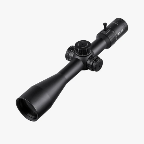 AKRA ORYX 6–36x56 FFP MRAD precision riflescope in matte black finish featuring a 34mm main tube and integrated throw lever.