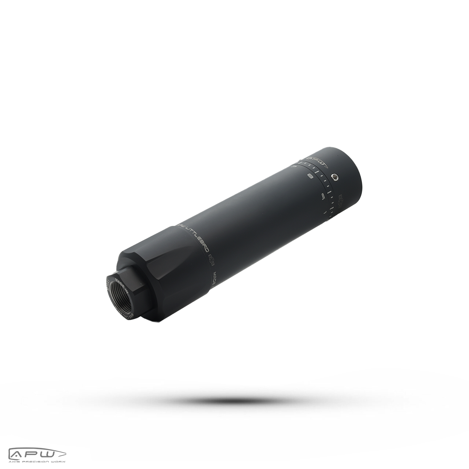 Detailed view of the APW Littlebird Tuner silencer showing laser-etched harmonic adjustment numbers.