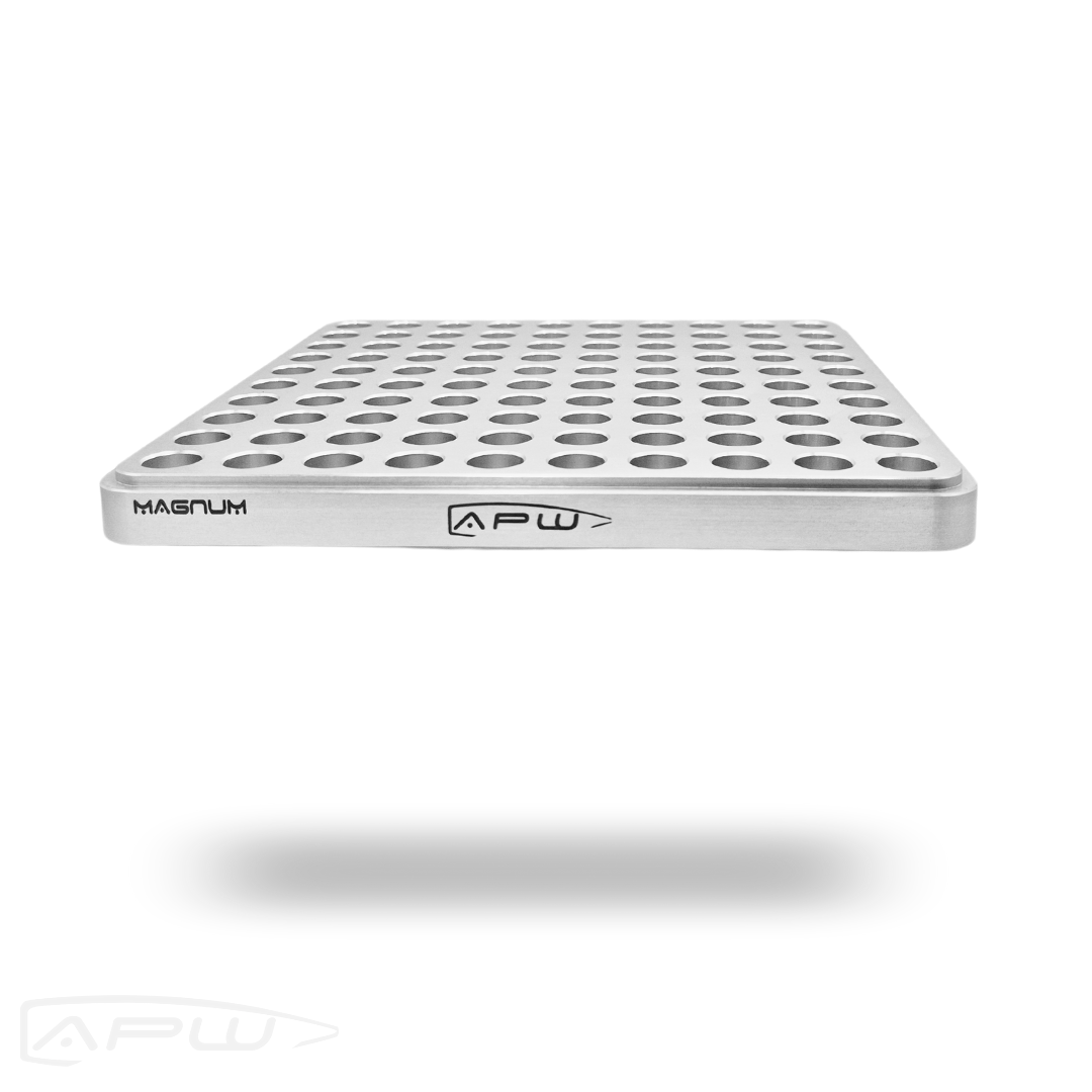 Silver aluminum APW 100-slot stackable reloading block for magnum calibers