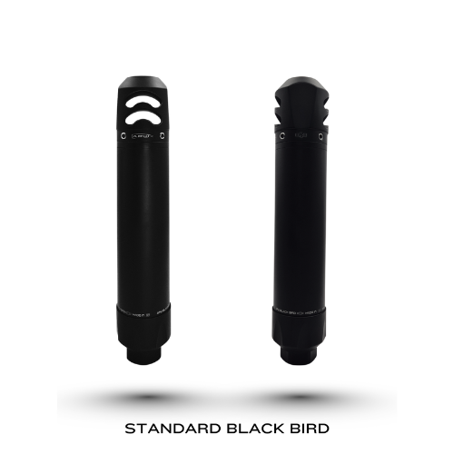 Upright comparison of the Standard APW Black Bird silencer with removable muzzle brake showing top and side port layouts.