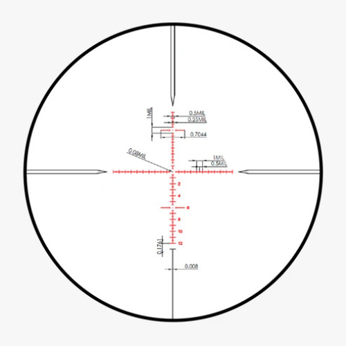 Technical subtension diagram for the GEN001 FFP MRAD reticle showing 0.5 MIL hashmark measurements.