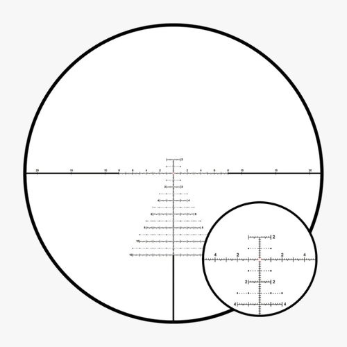 Clean diagram of the AKRA ORYX DMNTR-001 FFP MRAD Christmas tree reticle with zoomed-in center dot inset.