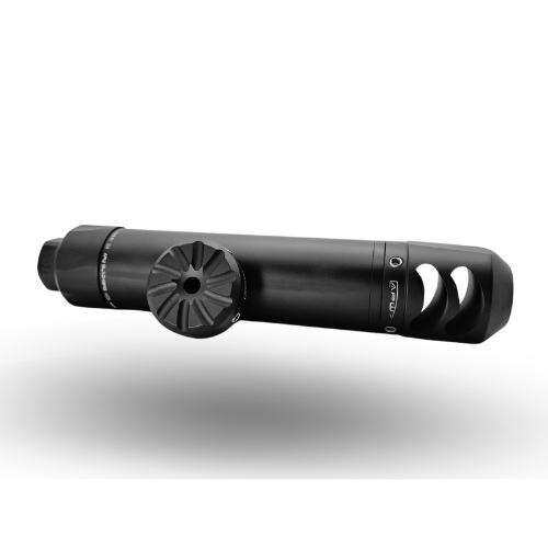 Horizontal side profile of the APW Black Bird silencer displaying the removable muzzle brake and slim 42mm tube.