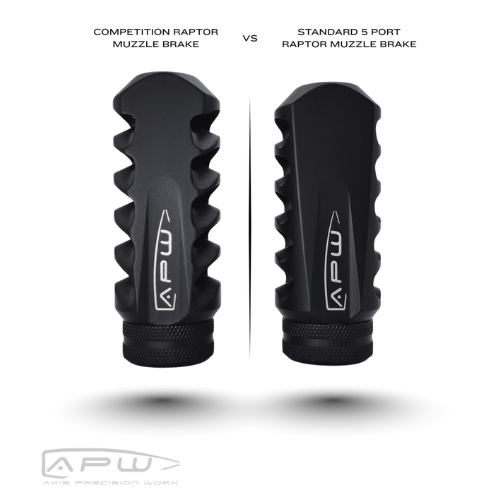 Front view comparison between APW Competition Raptor Muzzle Brake and Standard 5-Port Raptor Brake