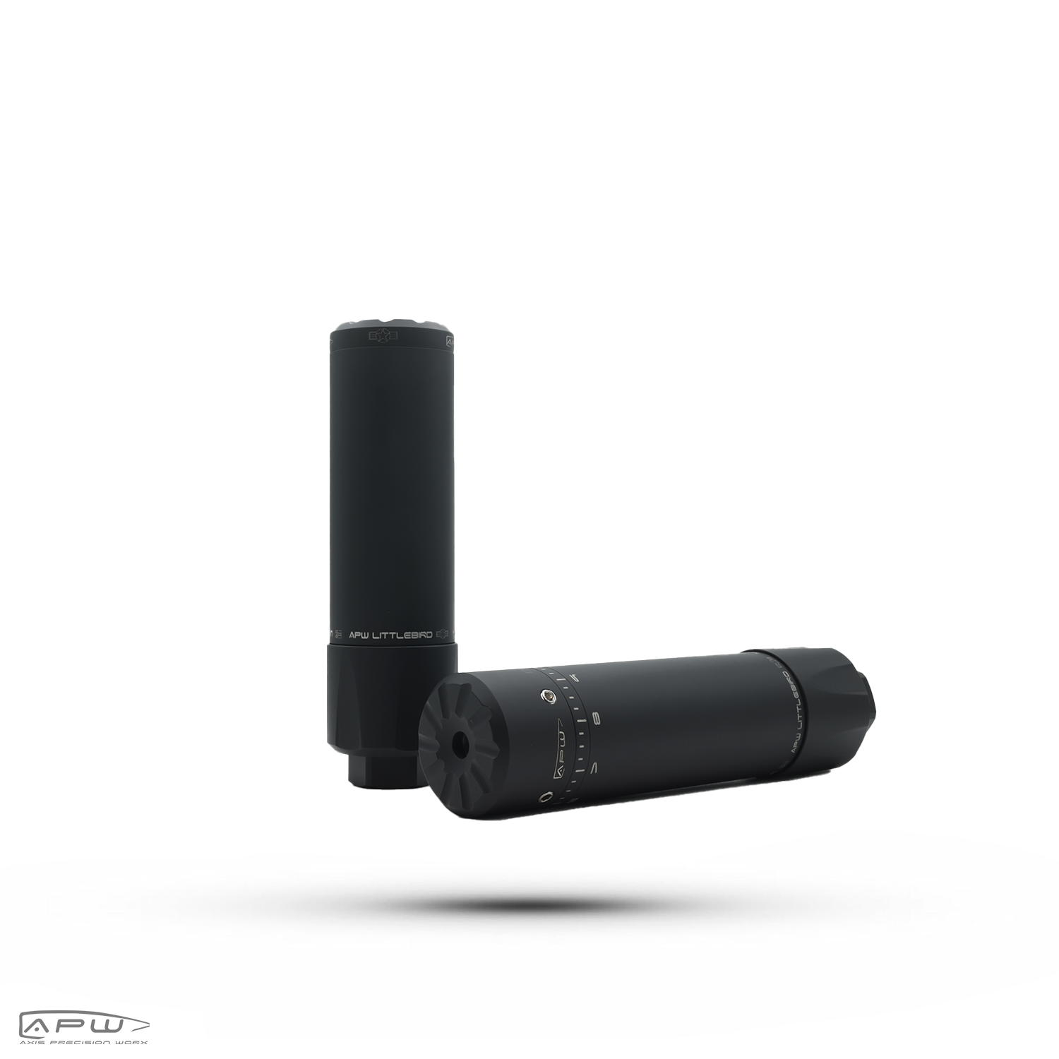 Front end cap view of the APW Littlebird rimfire suppressor showing bore exit port and tuner markings.