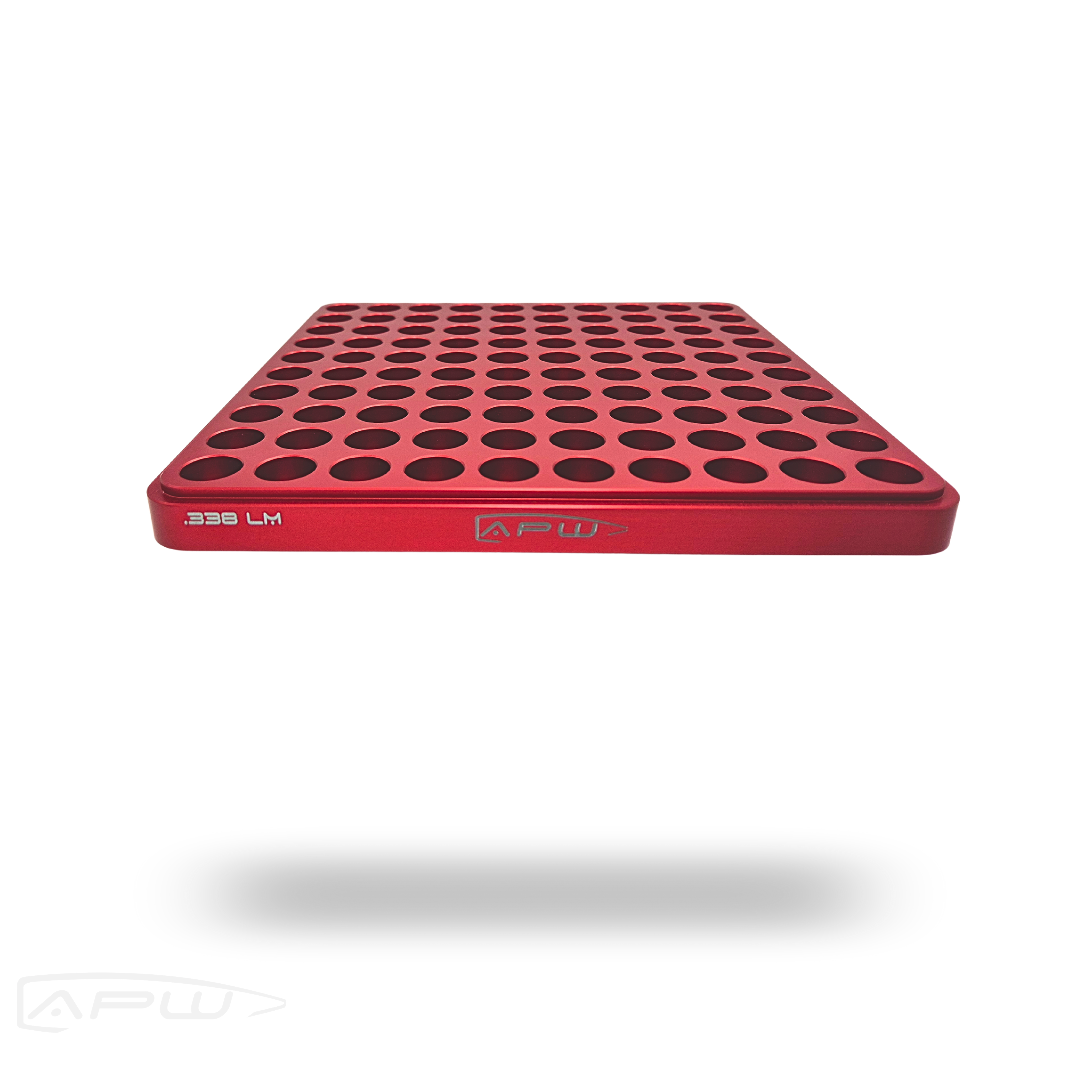 Red anodized APW 100-slot stackable reloading block for .338 Lapua Magnum