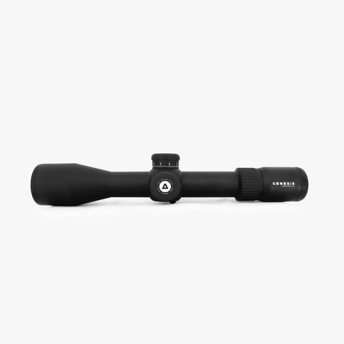Side profile view of the AKRA GENESIS 3-21x50 FFP MRAD hunting riflescope showing the 34mm main tube and turrets.