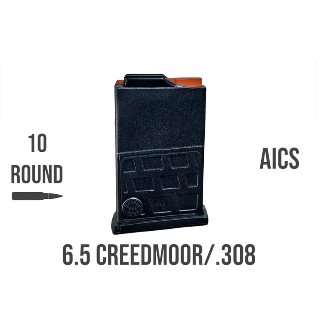 10-round AICS polymer rifle magazine compatible with 6.5 Creedmoor and .308 Winchester.