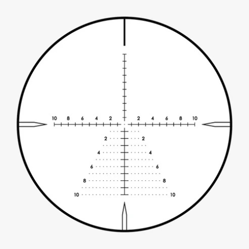 Clean view of the GEN002 First Focal Plane MRAD reticle with christmas tree holdover pattern for long-range shooting.
