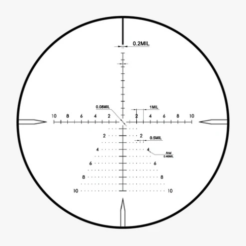 Diagram showing measurements and MIL subtensions for the GEN002 FFP MRAD reticle on the AKRA GENESIS 3-21x50 scope.