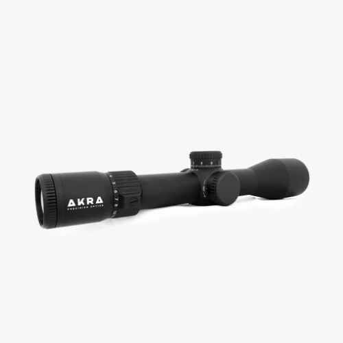 AKRA GENESIS 3-21x50 FFP MRAD Hunter long-range riflescope side perspective on a plain white background.
